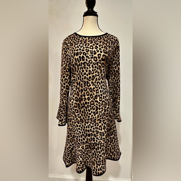 Michael Kors Cheetah Print Matte Jersey Flounce Sleeve A-Line Dress SZ XL - Picture 2 of 8